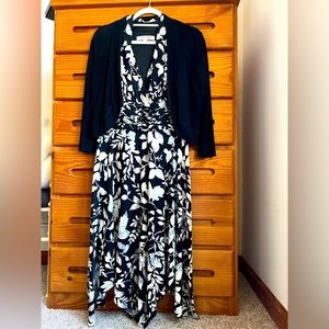 Evan Picone black print halter dress with handkerchief hem, black shrug sweater